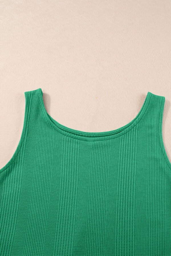 Green Solid Color Ribbed Ruffle Tank Top and Pants Set