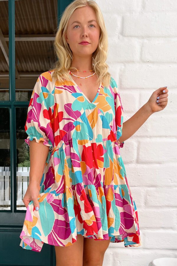 Rose Red Floral Bubble Sleeve V Neck Tiered Ruffle Babydoll Dress