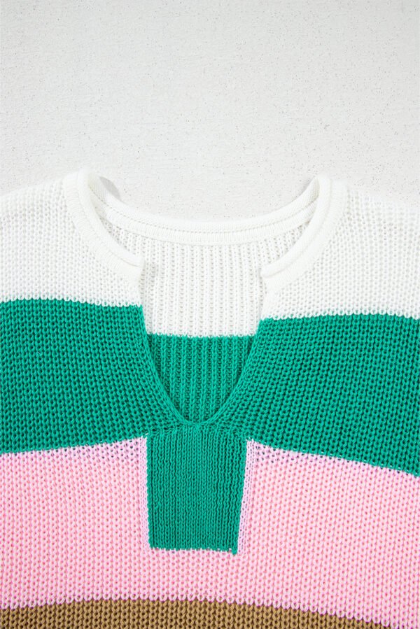 Multicolour Color Block Notch V Neck Sweater T Shirt