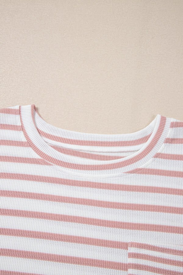 Pink Stripe Waffle Knit Pocketed Half Sleeve Plus Size T Shirt
