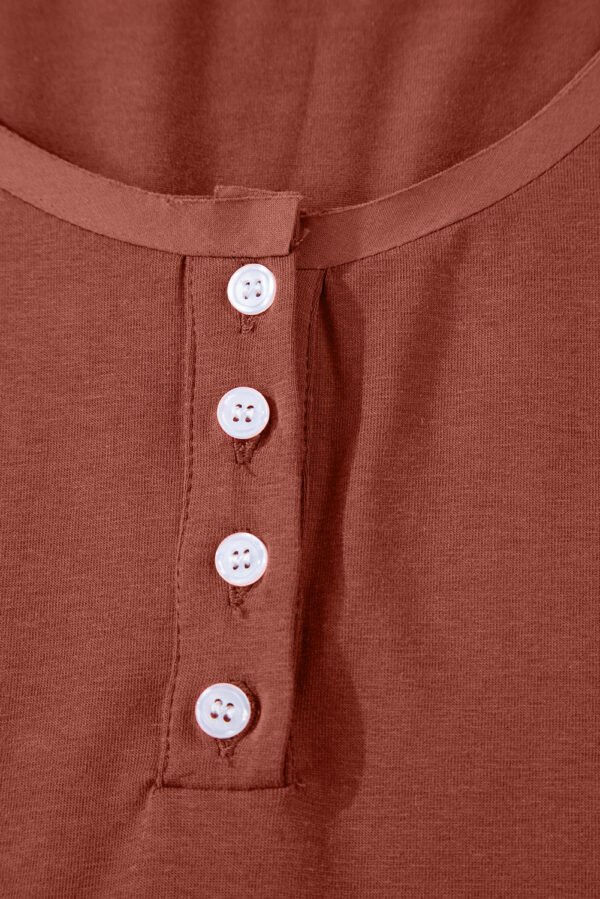 Chestnut Short Sleeve U Neck Buttons Splicing Ruffle Blouse