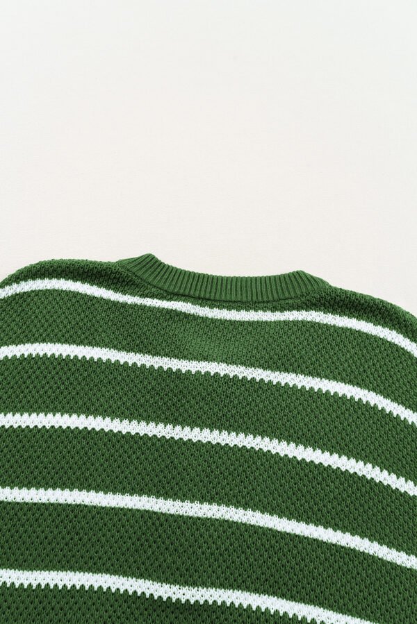 Green Stripe Henley Buttoned Placket Drop Shoulder Bracelet Sleeve Knit Sweater Tee