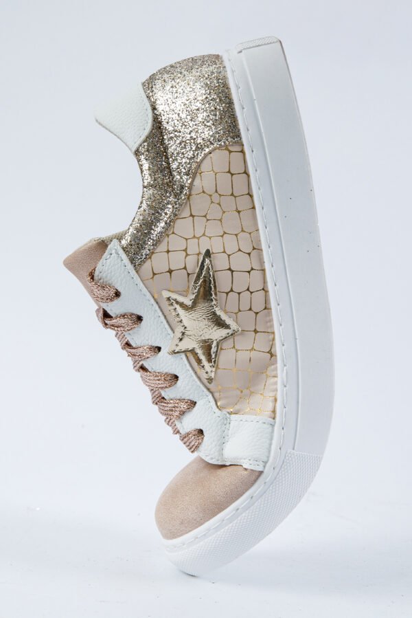 Gold Glitter Star Patchwork PU Leather Lace-up Sneakers