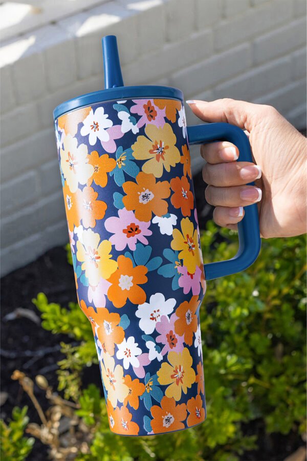 Sky Blue Flower Print Stainless Steel Large Vacuum Cup
