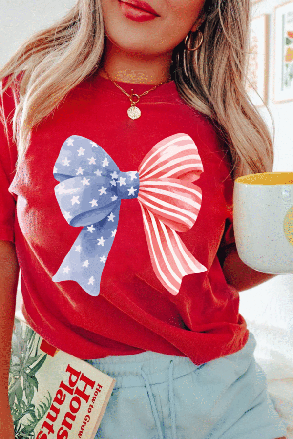 Red Stars and Stripes Bow Print Independence Day T Shirt