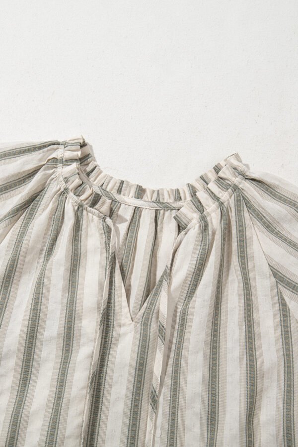 Gray Stripe Frilled Tie Neck Short Sleeve Blouse