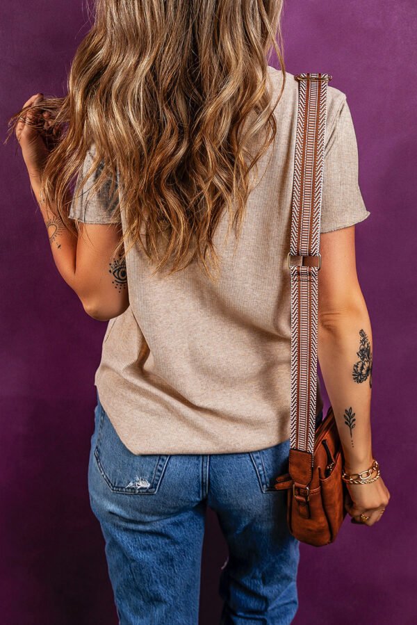 Oatmeal Short Sleeve Half Button Ribbed Knit Top