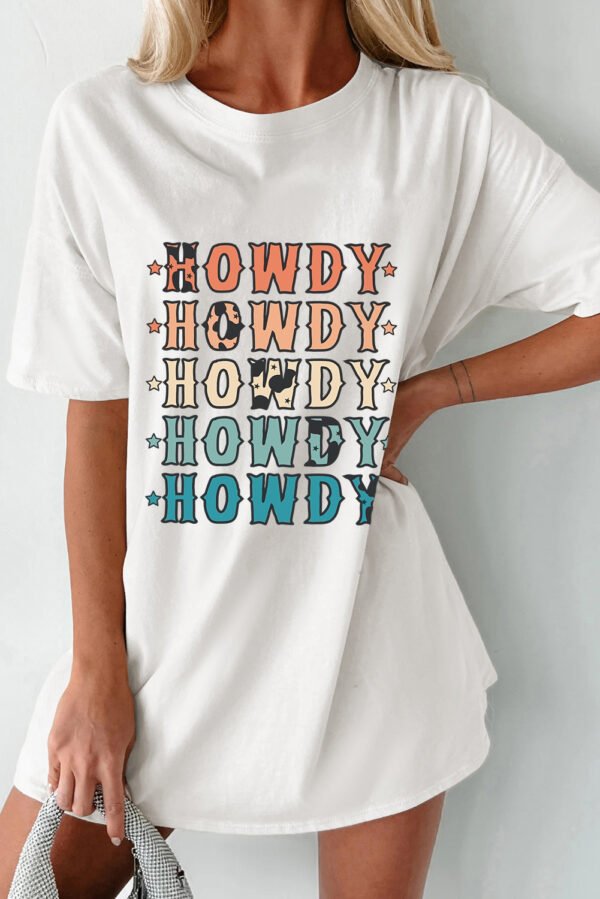 White HOWDY Stars Print Crew Neck Loose Fit T Shirt