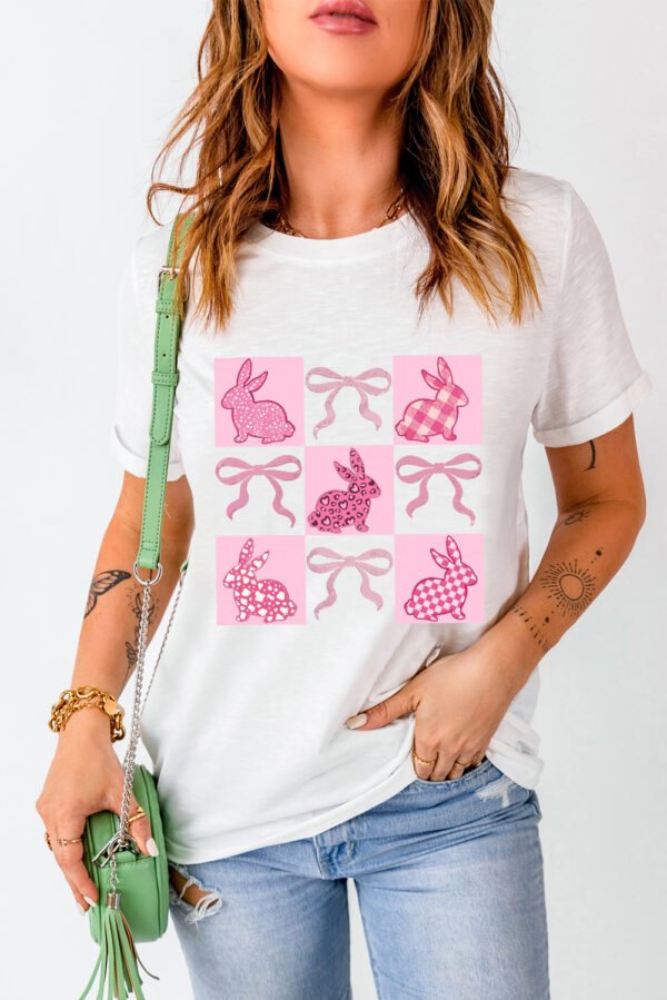 White Bunny Bowknot Graphic Easter Fashion T Shirt