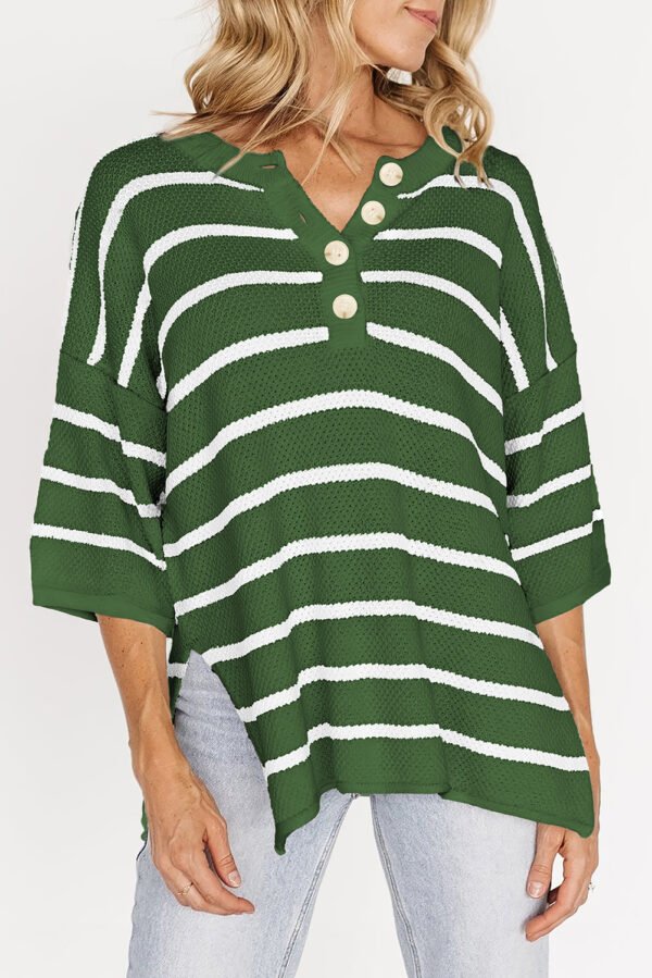 Green Stripe Henley Buttoned Placket Drop Shoulder Bracelet Sleeve Knit Sweater Tee