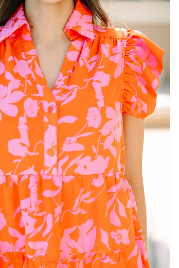 Orange Floral Print Collared Button Neckline Flutter Sleeve Blouse