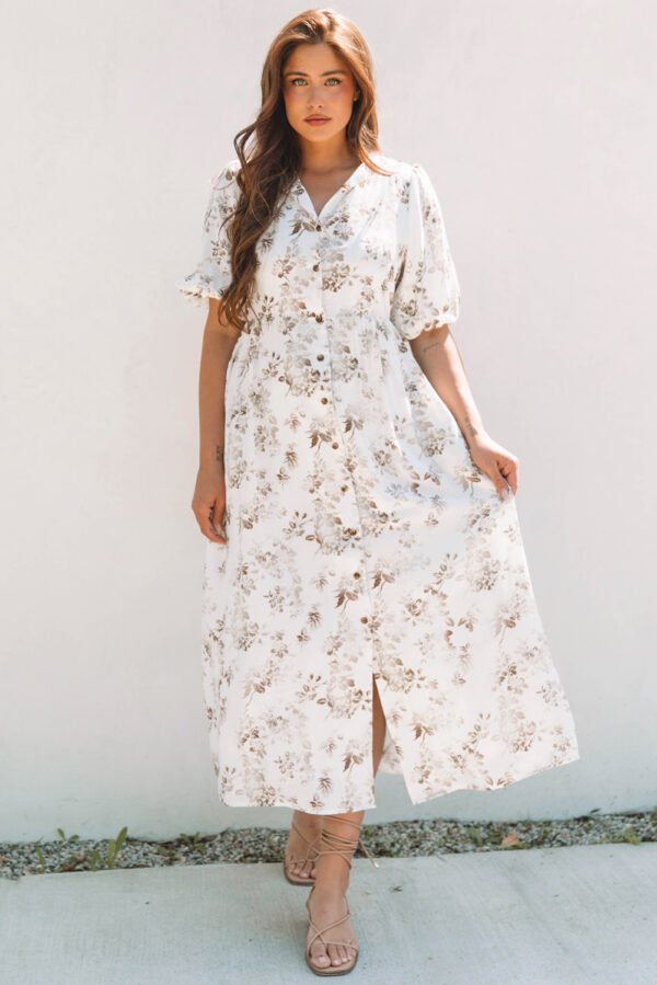 Khaki Floral Puff Sleeve V Neck Buttoned Front Maxi Dress