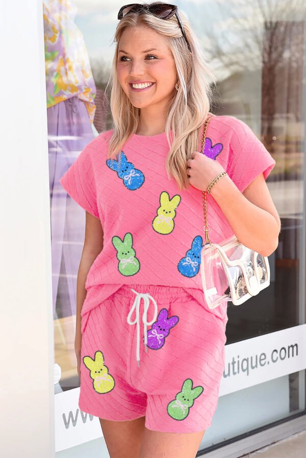 Sachet Pink Sequined Bunny Patched Graphic Geometric Textured Short Set