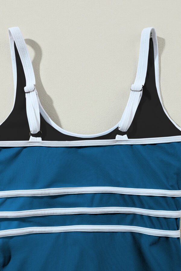 Dark Blue Contrast Trim Colorblock U Neck One Piece Swimwear