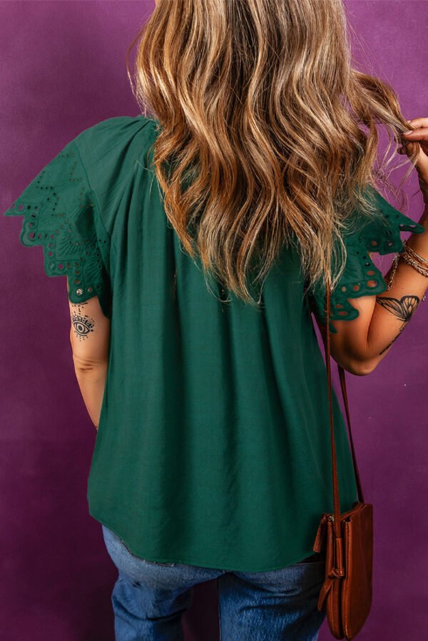 Green Bay Eyelet Embroidered Sleeve Tie V Neck Blouse