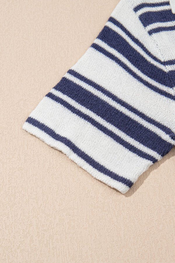 Dark Blue Stripe Collared Button V Neck Knitted T Shirt