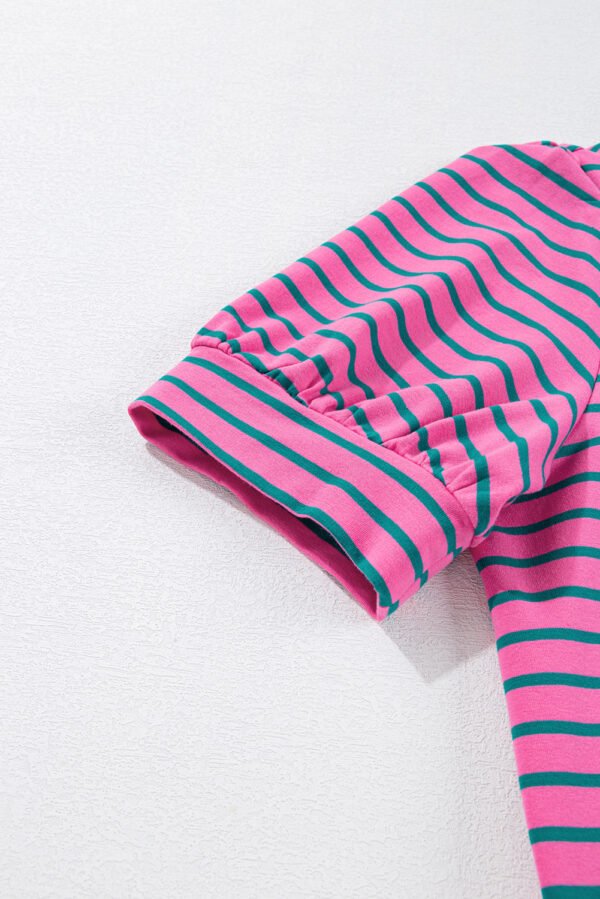 Rose Stripe Collared V Neck Puff Sleeve Shift T Shirt Dress with Pockets