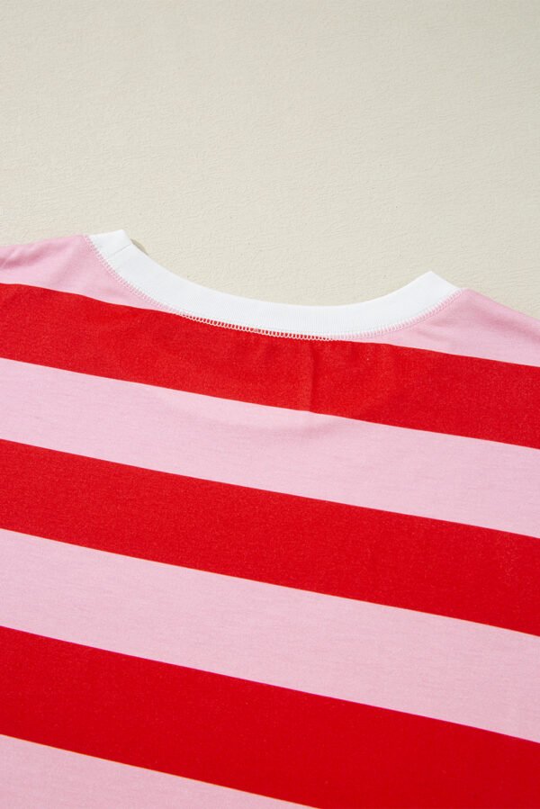 Pink Stripe Patchwork Round Neck Side Split Loose T Shirt
