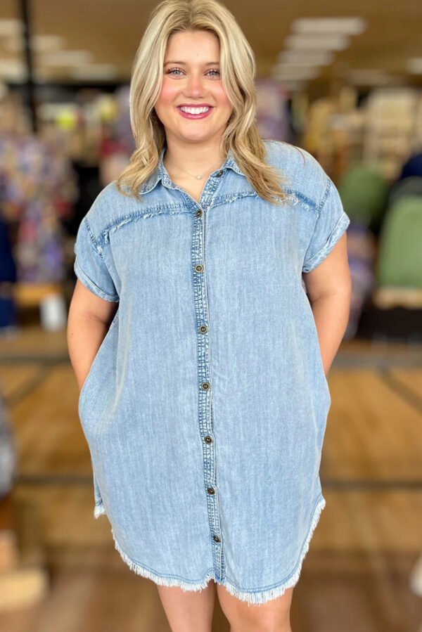 Ashleigh Blue Denim Collared Cap Sleeve Buttoned Front Plus Size Shirt Dress