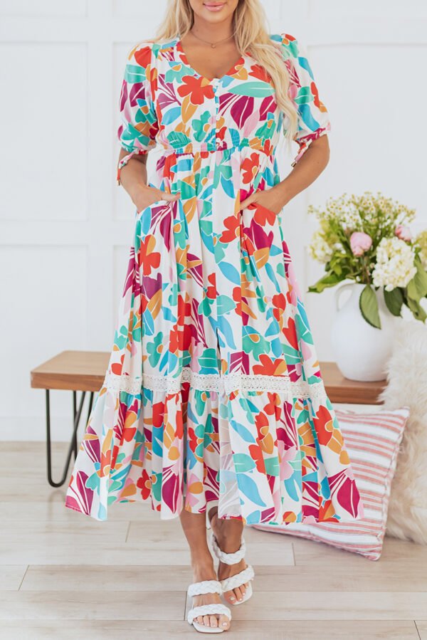 Rose Red Floral Knot Puff Sleeve V Neck Buttoned Front Split Lace Maxi Dress