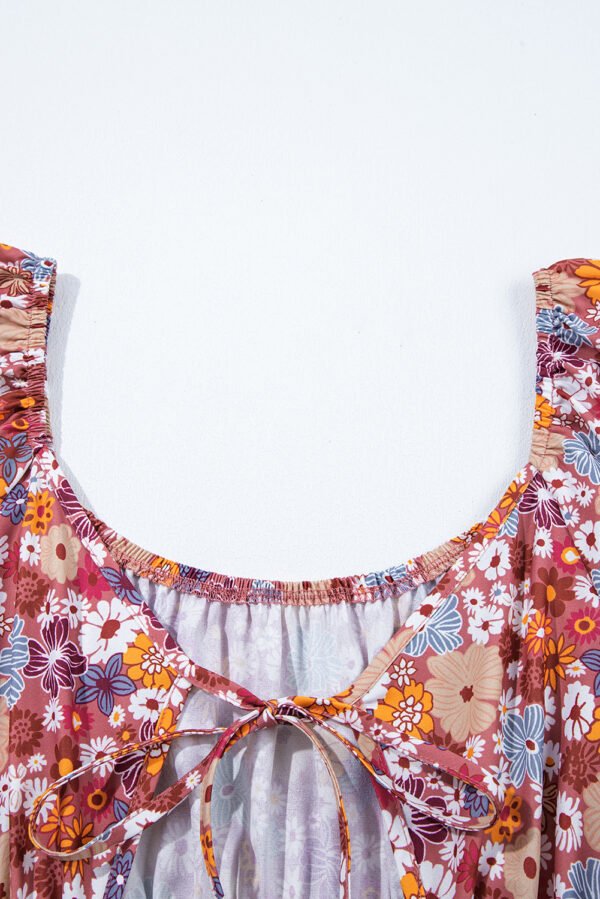 Red Floral Puff Sleeve Square Neck Knot Open Back Mini Dress
