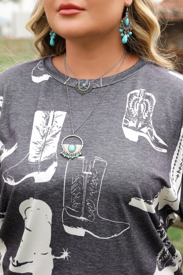 Gray Plus Size Western Boots Print Crew Neck T Shirt
