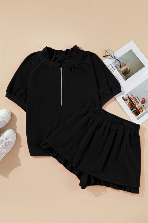 Black Half Zip Puff Sleeve Top and Ruffled Shorts Set