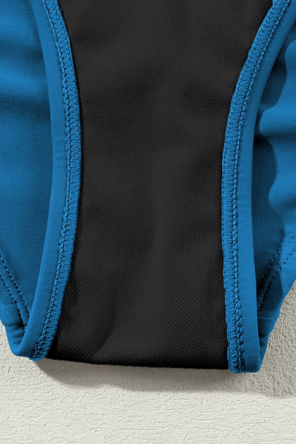 Dark Blue Contrast Trim Colorblock U Neck One Piece Swimwear