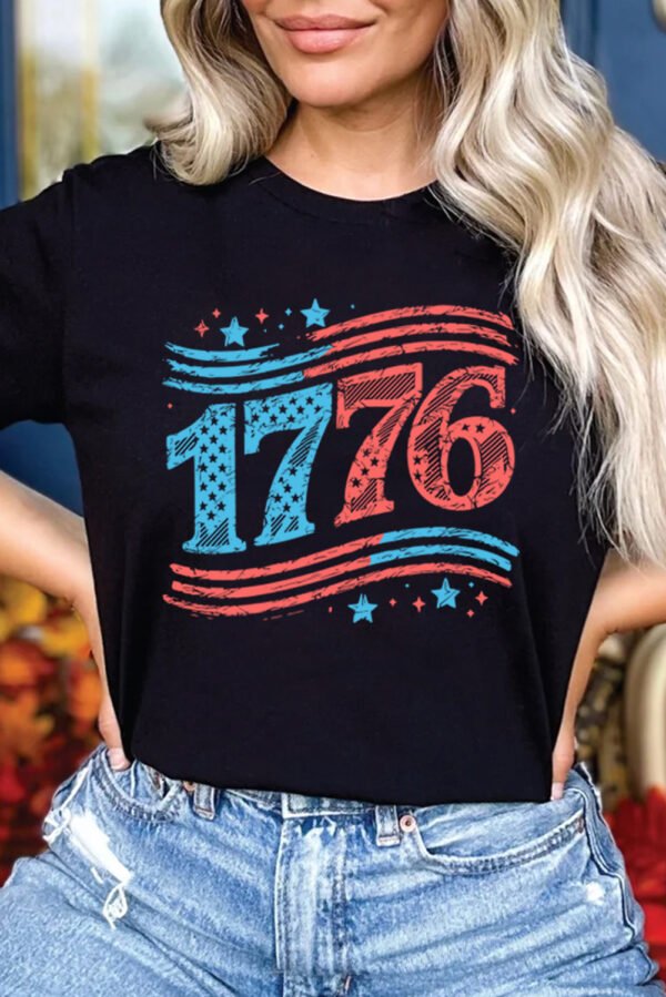 Black 1776 American Flag Theme Print Crew Neck T Shirt