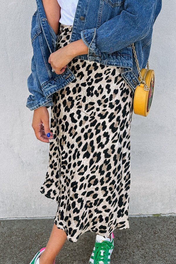 Brown Leopard Print High Waist Midi Skirt
