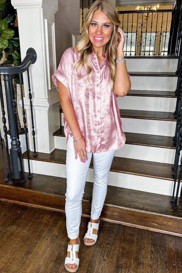 Pink Metallic Sheen Short Sleeve Buttoned Front Casual Shirt