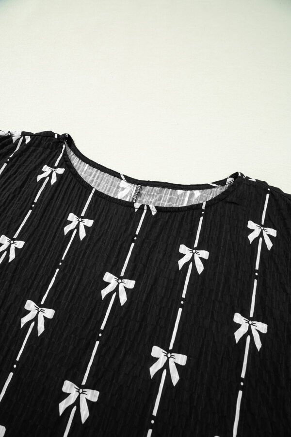 Black Bow Print Puff Short Sleeve Top