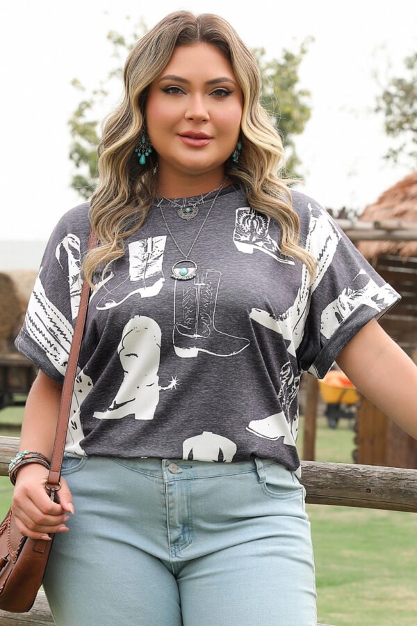 Gray Plus Size Western Boots Print Crew Neck T Shirt