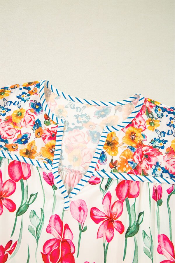 Pink Plus Size Floral Print Striped Trim V Neck Blouse