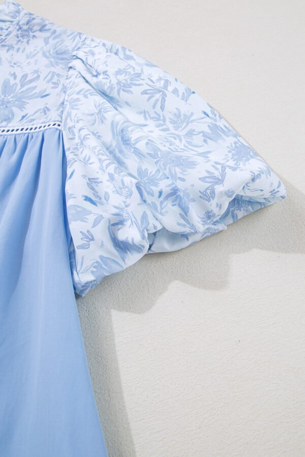 Beau Blue Lace Insert Floral Puff Sleeve Patchwork Loose Blouse