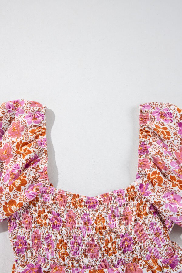 Pink Floral Square Neck Knotted Ruffle Midi Dress