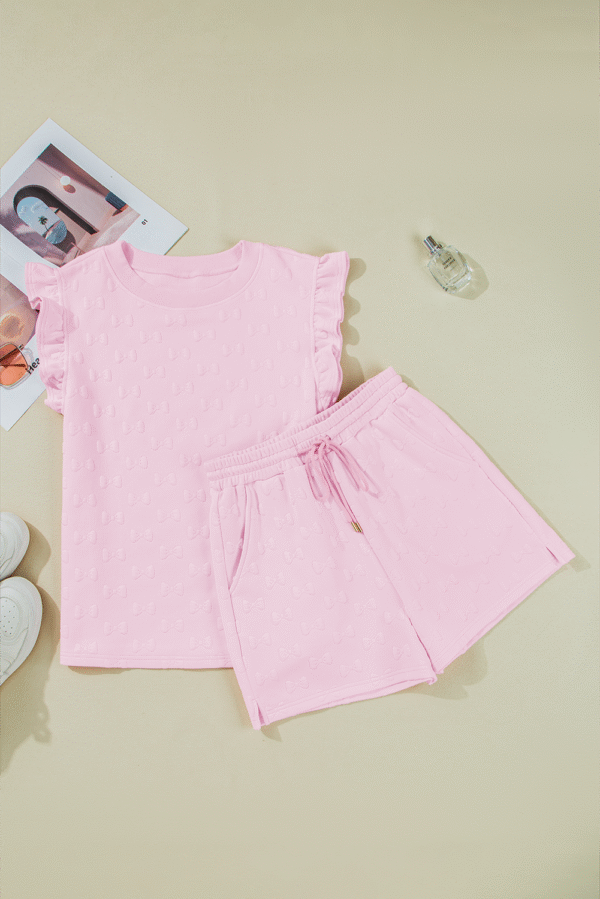 Pink Bow Jacquard Ruffle Sleeve Short 2pcs Outfit