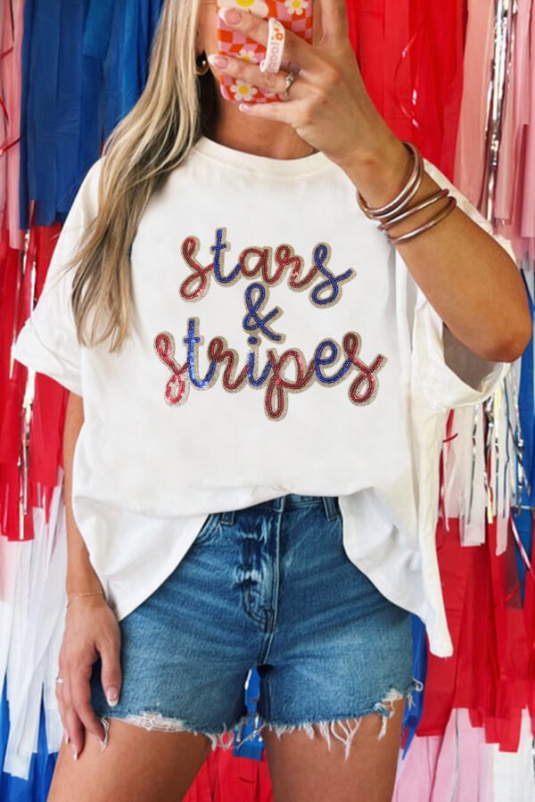 White Sequin stars & stripes Graphic Drop Shoulder Loose T Shirt