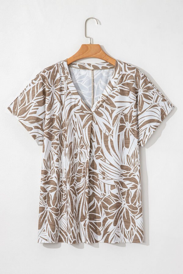 Khaki Floral Print V Neck Short Sleeve Loose Fit Blouse