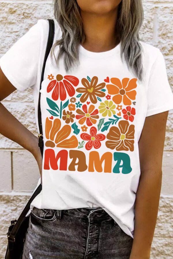 White MAMA Flower Graphic Crewneck Tee