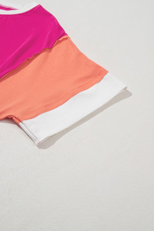 Rose Red Color Block Patchwork Side Slits Loose Fit T Shirt