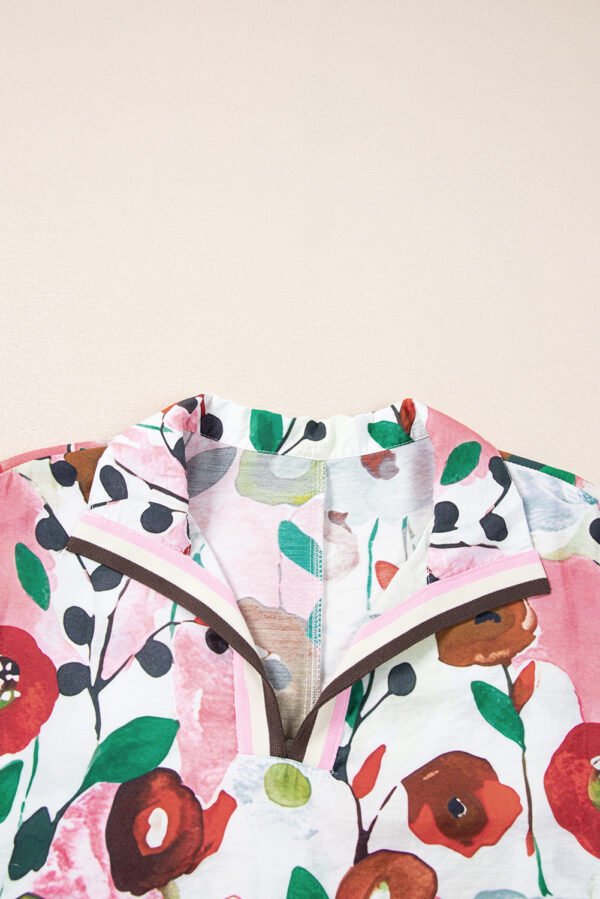 Pink Floral Print Slit V Neck Short Sleeve Blouse