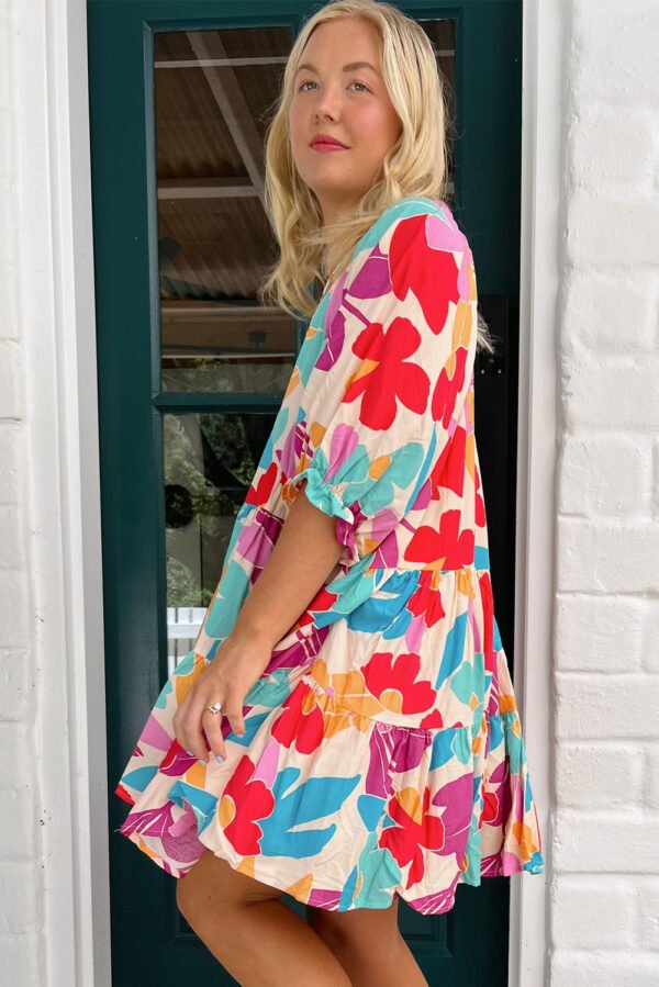 Rose Red Floral Bubble Sleeve V Neck Tiered Ruffle Babydoll Dress