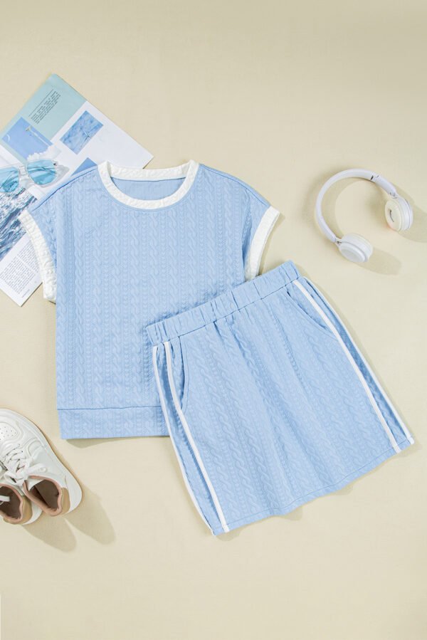 Beau Blue Contrast Trim Textured Crewneck Tee and Pocketed Skirt Set