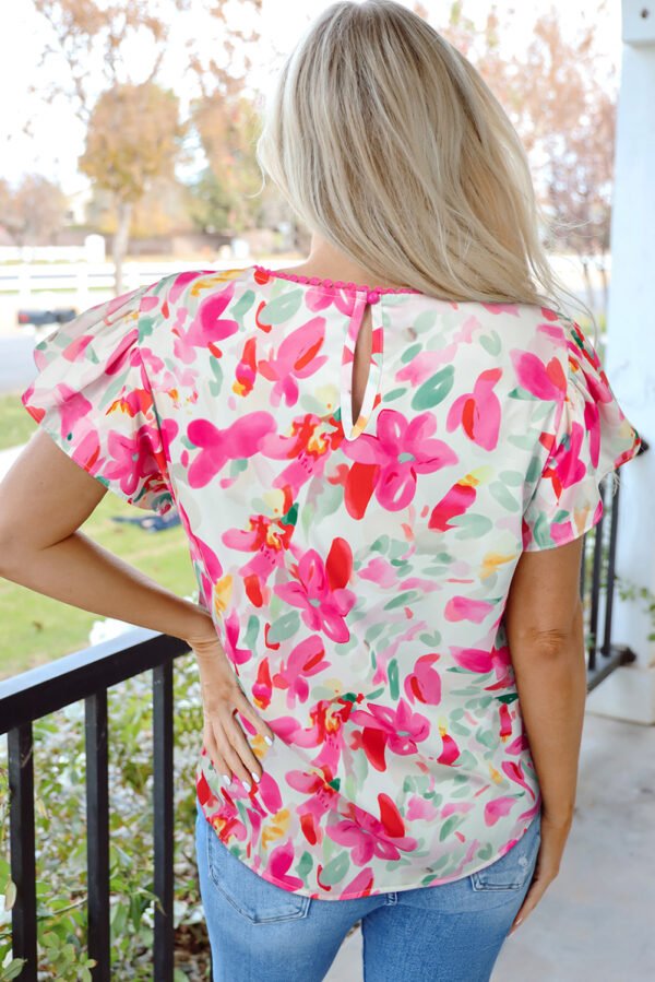 Rose Floral Print Flutter Sleeve Round Neck Casual Blouse