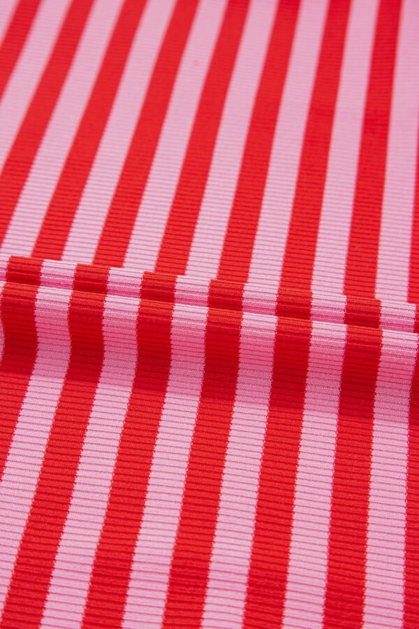 Red Stripe Ribbed Cap Sleeve Round Neck T Shirt