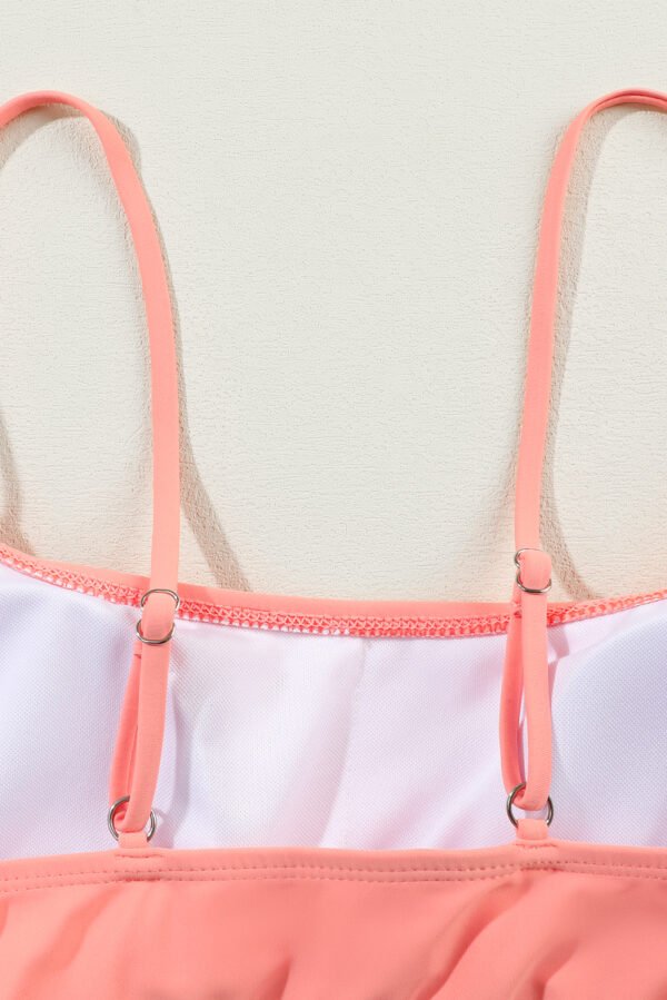 Peach Blossom Striped Patchwork Spaghetti Strap High Waist Bikini Swimsuit