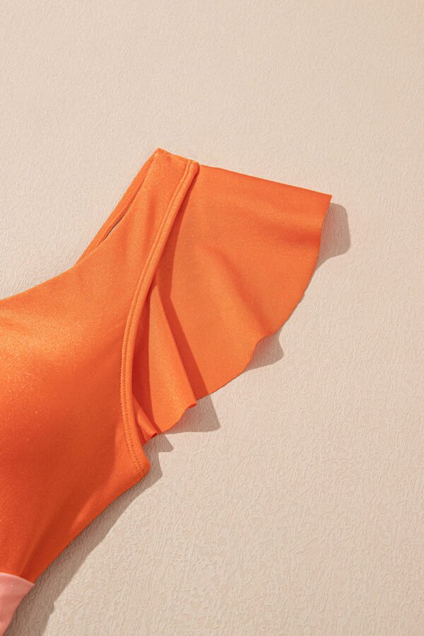 Orange Ruffle Sleeve Tricolor Cutout Front Ring One Piece Swimsuit