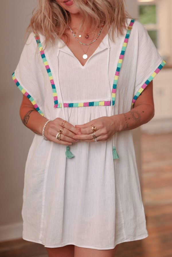 White Colorful Fringed Detail Tassel Tie Neck Short Sleeve Blouse