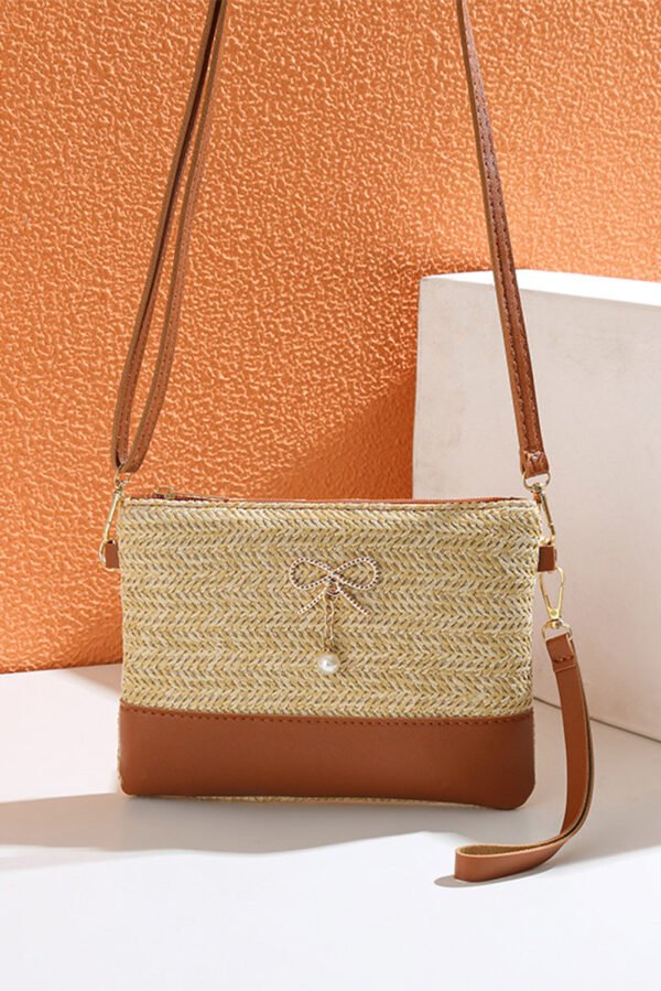 Beige Bow Pearl Decor Straw PU Leather Patched Crossbody Bag